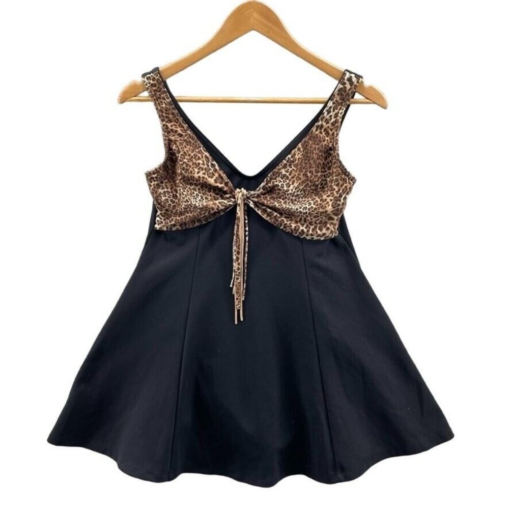 Leopard Tie-Front Black One-Piece Swimdress